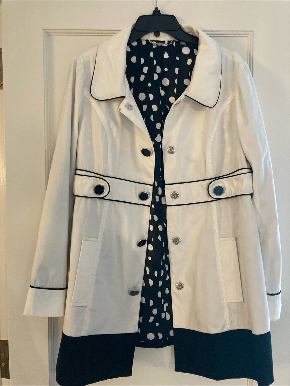 White Trench Coat with Black Trim and Polka Dot Lining